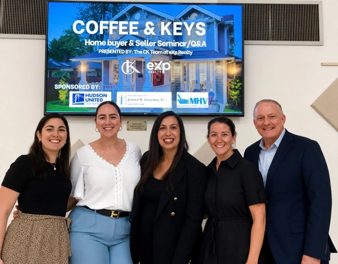 Five presenters in front of the Coffee & Keys home buyer and seller seminar screen