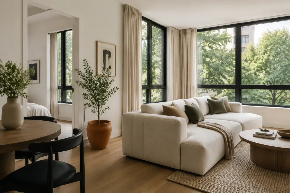 A sunlit apartment living room with corner windows and a dining area