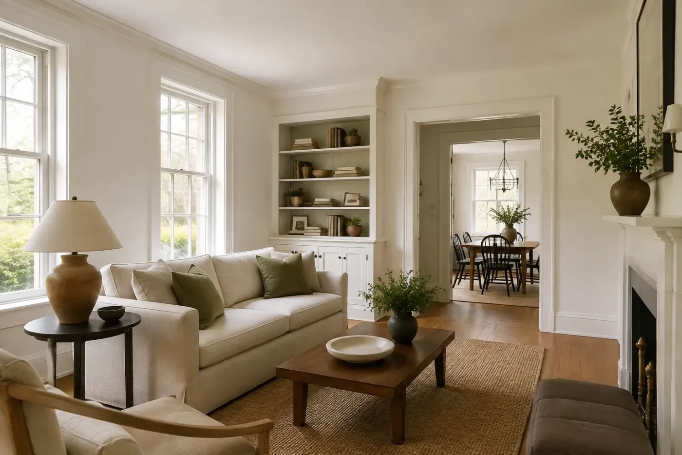 A thoughtfully arranged living room with tall windows, warm wood floors, and a view into the dining room