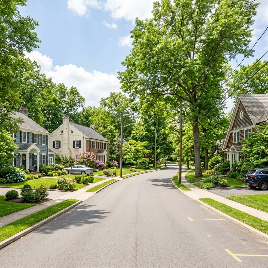 A leafy residential street with homes set back behind lawns